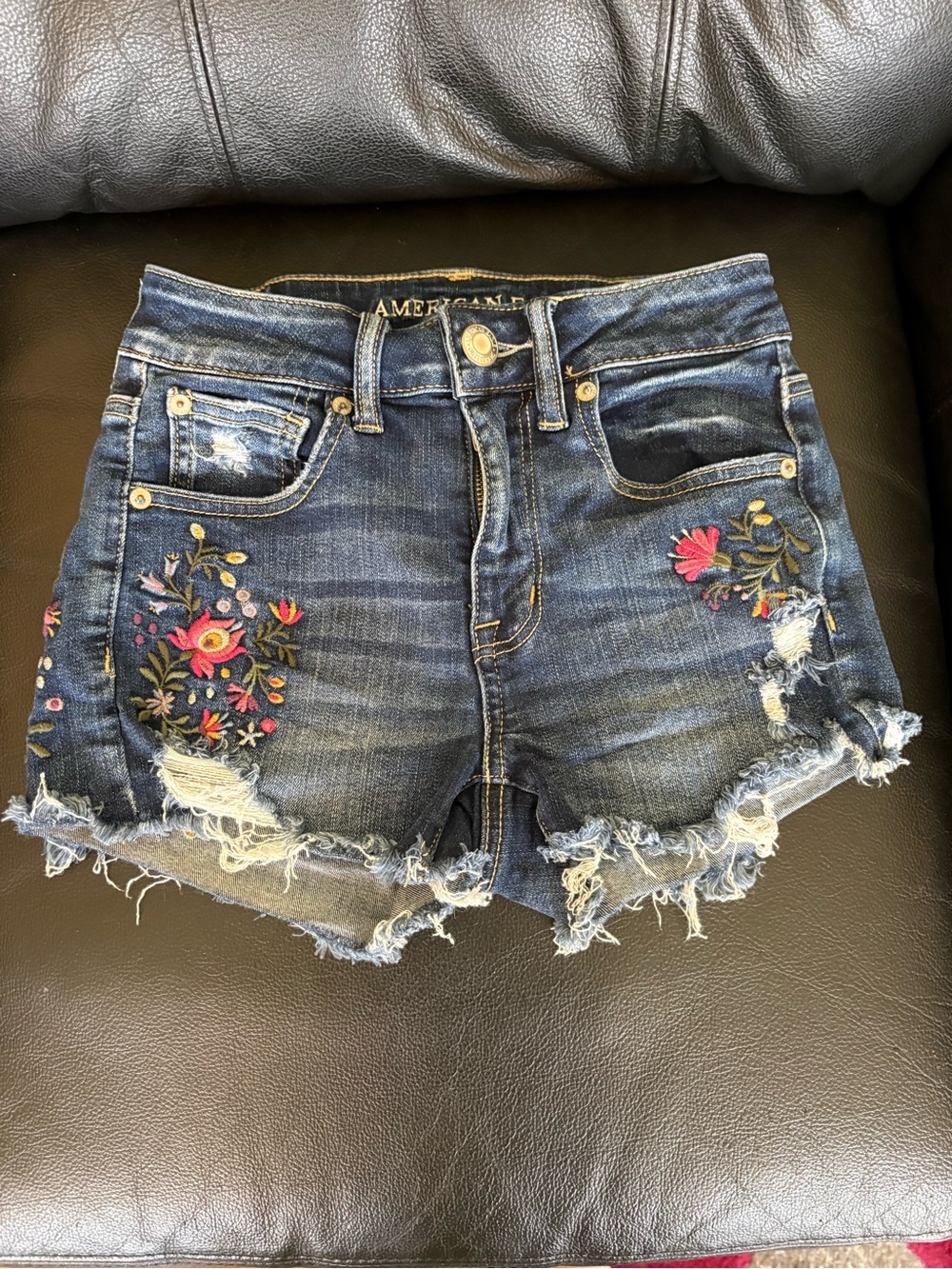 American Eagle Outfitters Dark Blue Denim Shorts with Floral Embroidery
